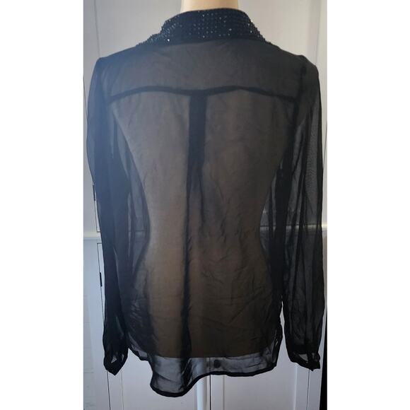 In Style Collection Women's Sheer Rhinestone Black Button Down Shirt Large - Picture 4 of 5